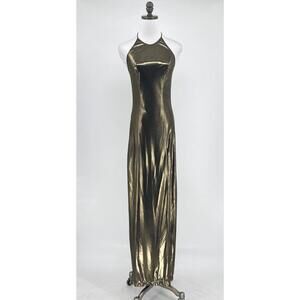 Plein Sud Gold Metallic Halter Stretch Fitted Sleeveless Long Maxi Dress